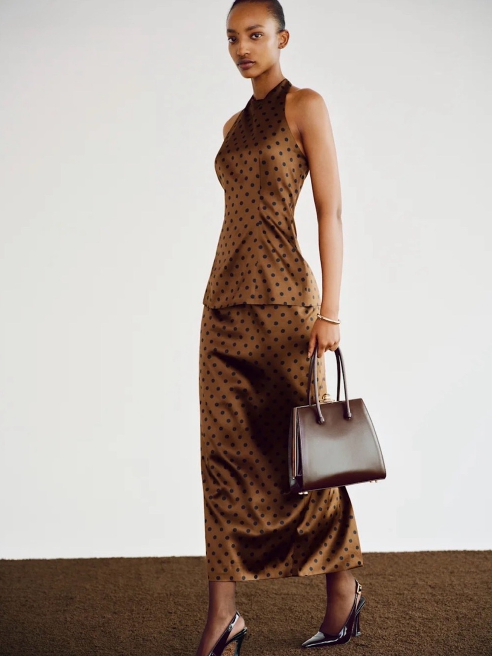 REFORMATION Celine Silk Two Piece Set in Portobello Dot 4